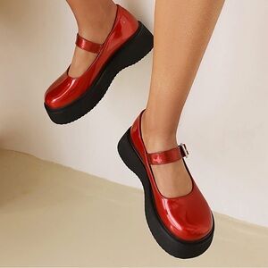 Red Patent Leather Platform Mary Janes Vegan Ankle Strap Chunky Goth Shoes 9.5